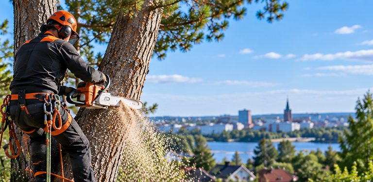 Arboristi kaatamassa suurta pihapuuta hallitusti